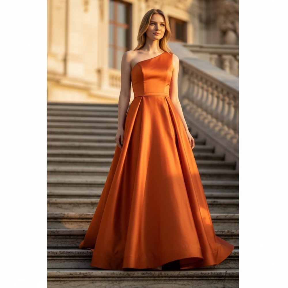 Hebeos Gown Women 10 Orange New One Shoulder Satin Pleated A-Line Formal Dress